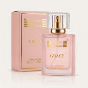 A perfume bottle labeled Cotton Culture Grace, shown at an angle on a white background with text reading 'SCENT PROFILE' and 'FLORAL | FRUITY | GOURMAND | WOODY'.