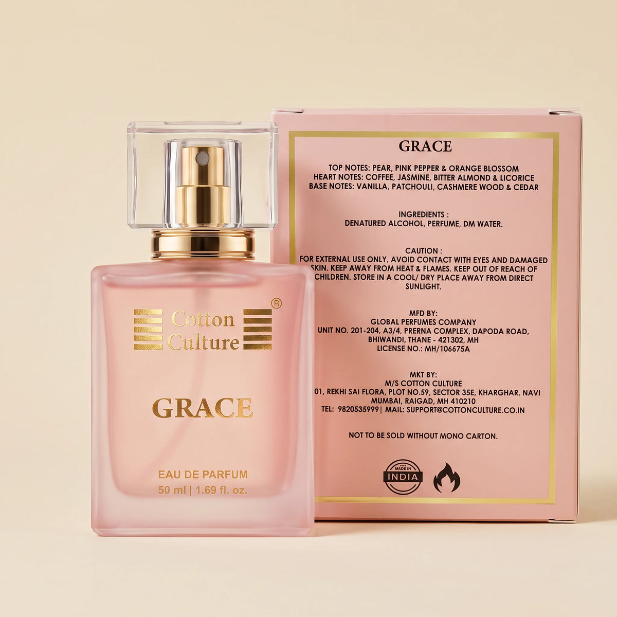 A peach-colored rectangular box for Cotton Culture GRACE Parfum, featuring gold foil borders and text on a white background.