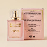 A peach-colored rectangular box for Cotton Culture GRACE Parfum, featuring gold foil borders and text on a white background.