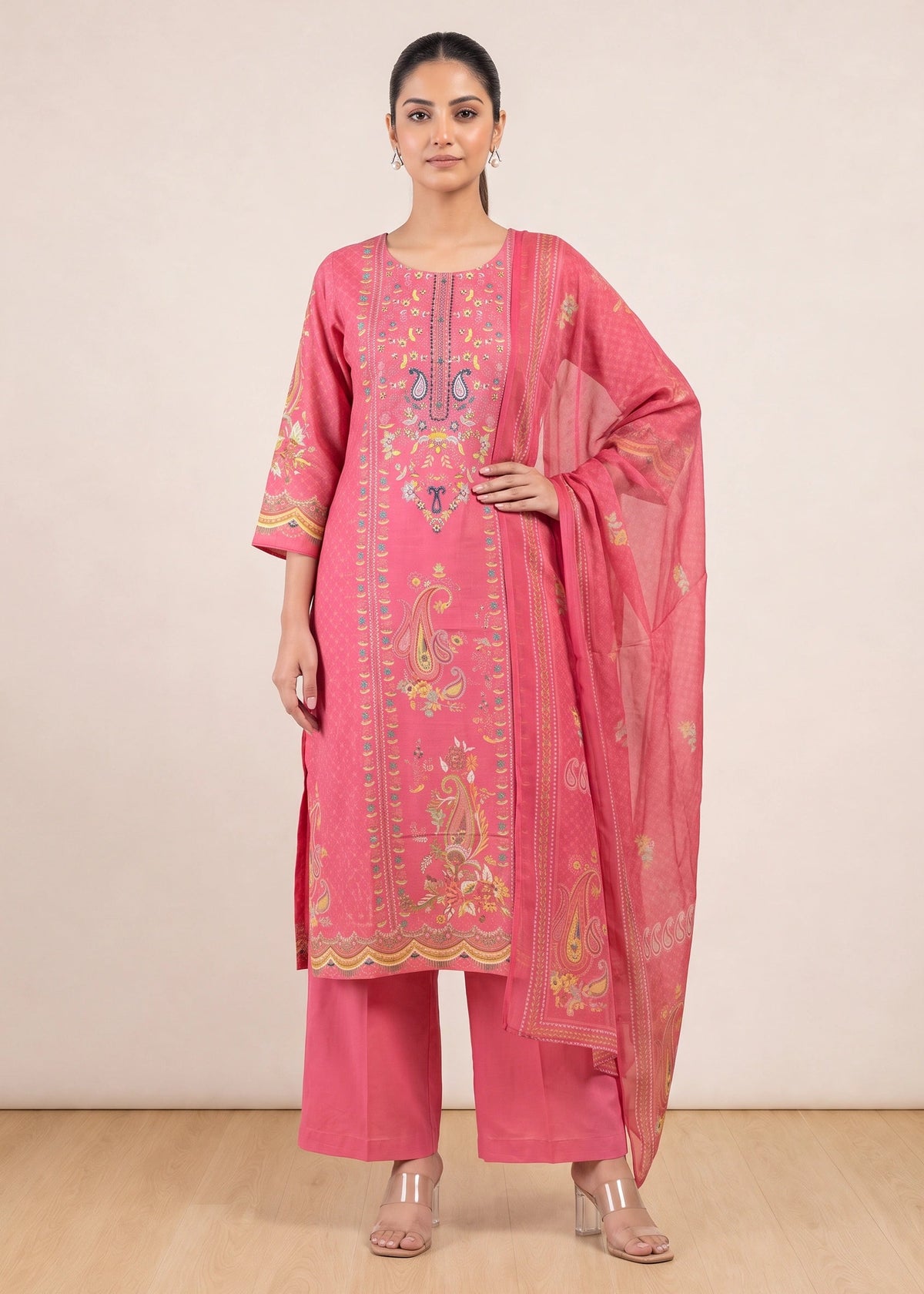 Graceful Pink Printed Cotton Ethnic Suit Set