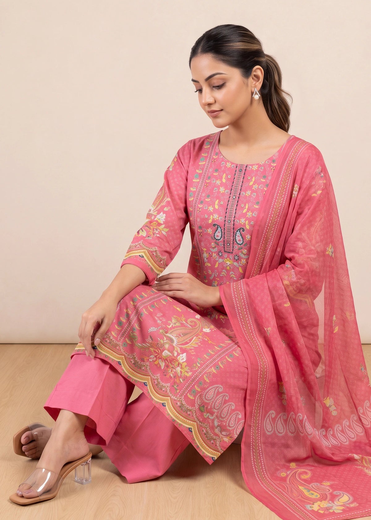 Graceful Pink Printed Cotton Ethnic Suit Set