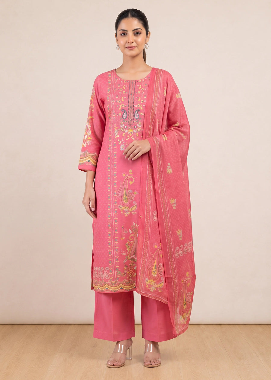 Graceful Pink Printed Cotton Ethnic Suit Set