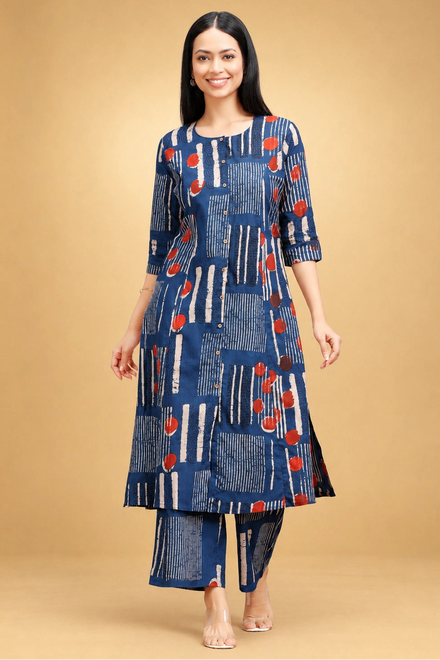 Indigo Blue Printed Cotton Straight Co ord Set