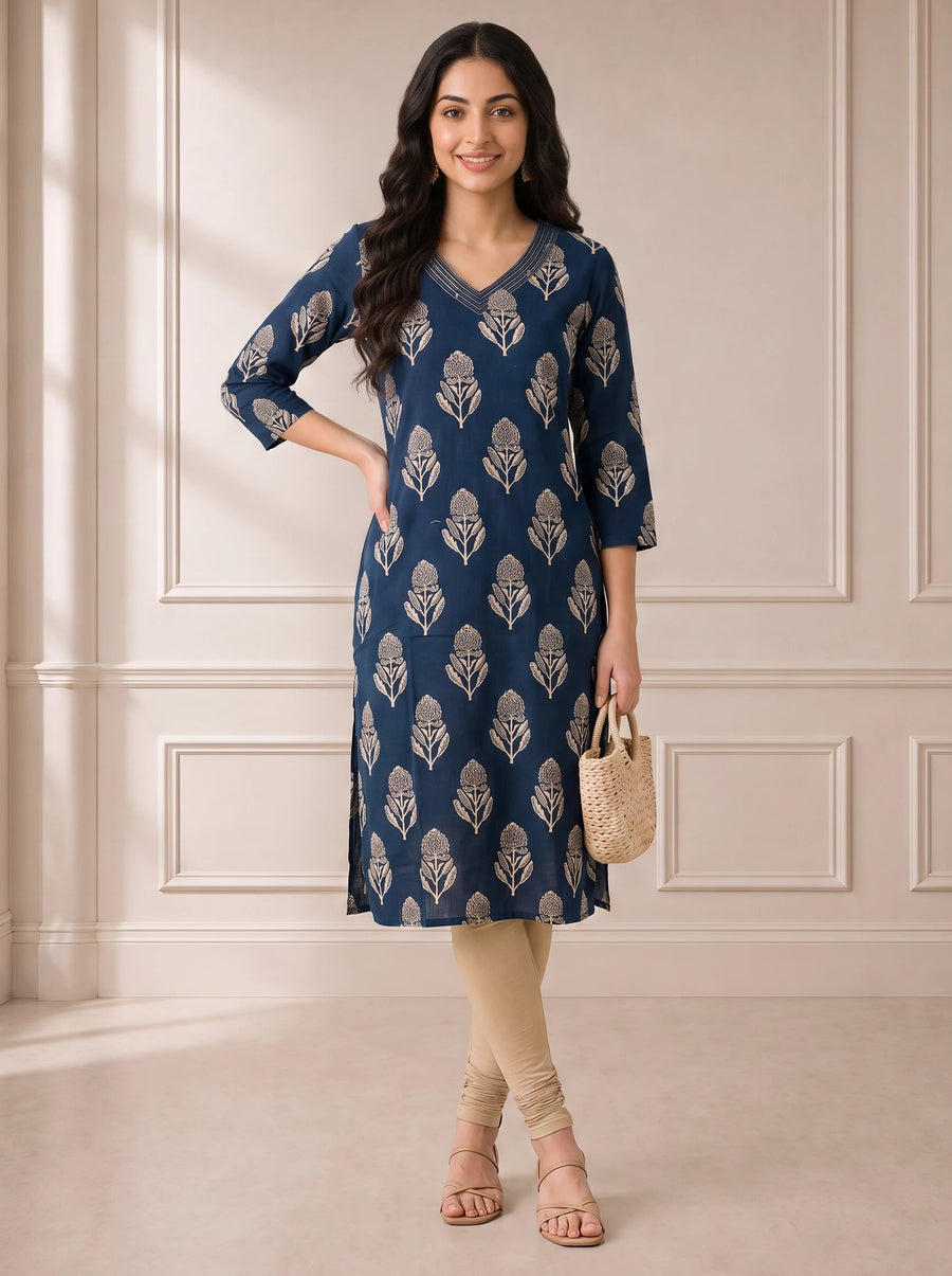 Indigo Navy Blue Cotton Flex Printed Straight Kurta