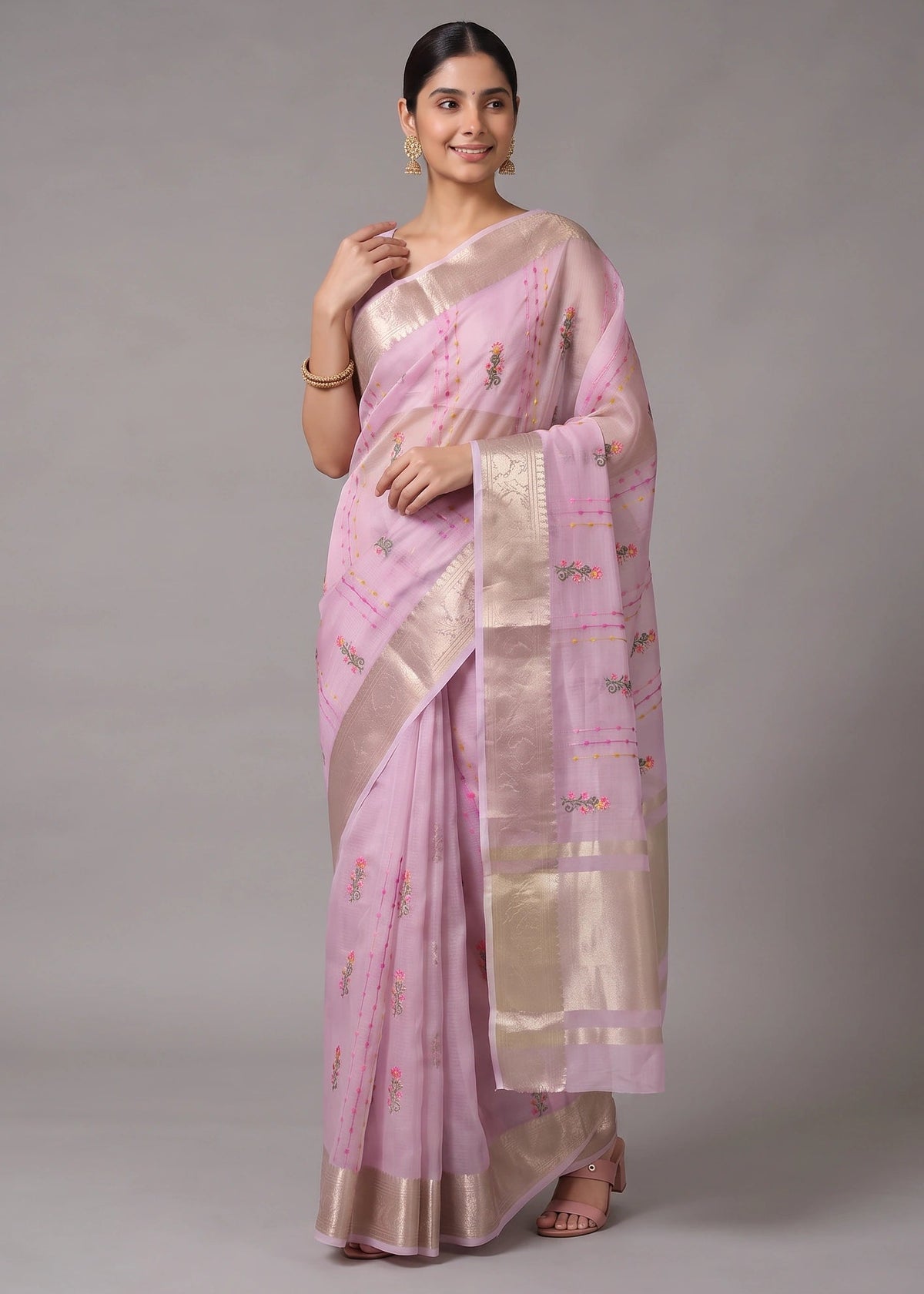 Lilac Purple Munga Kota Embroidered Saree