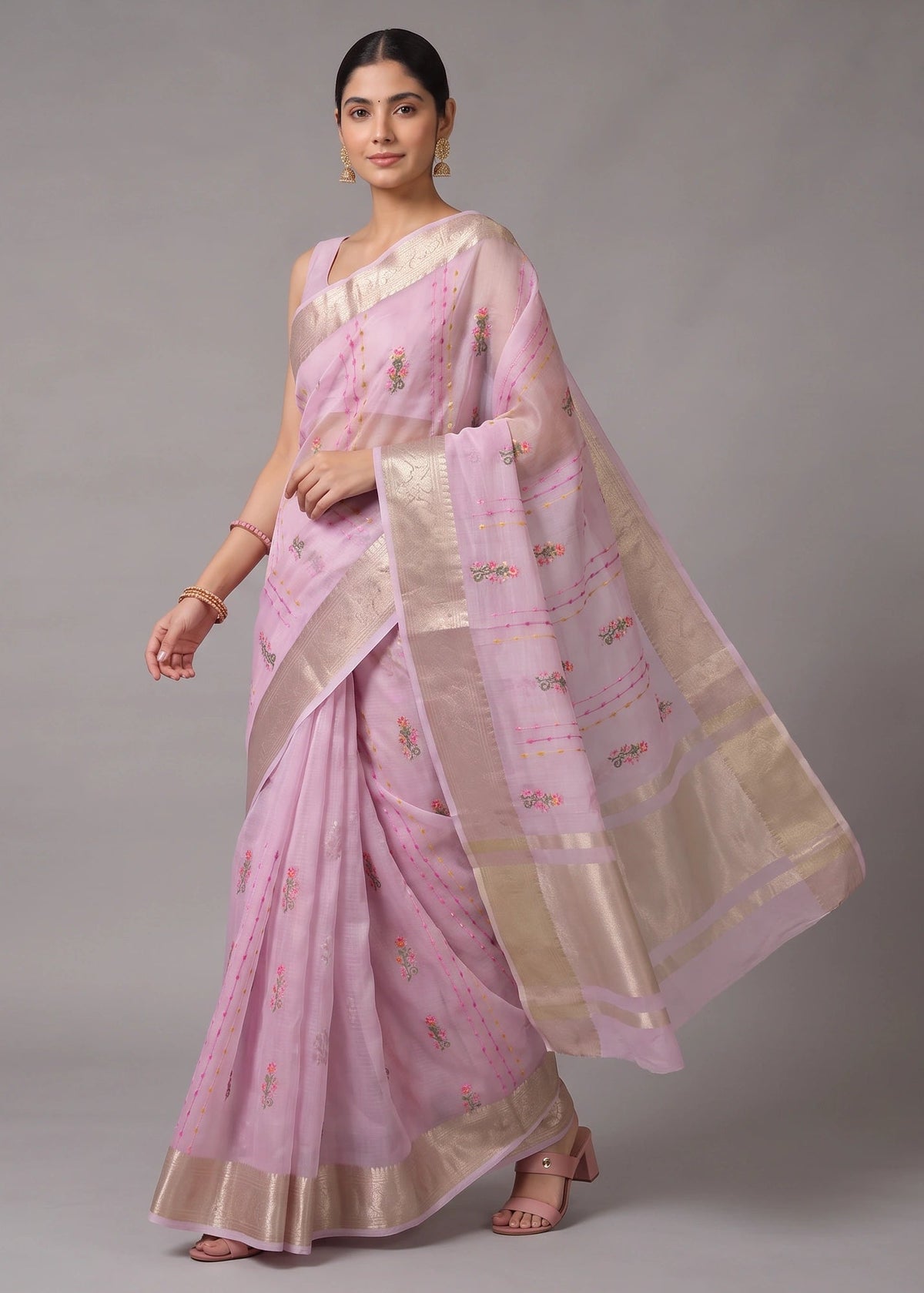 Lilac Purple Munga Kota Embroidered Saree