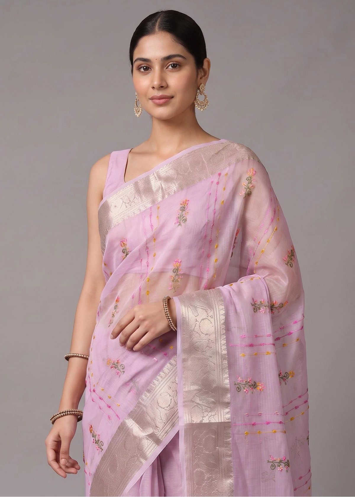Lilac Purple Munga Kota Embroidered Saree