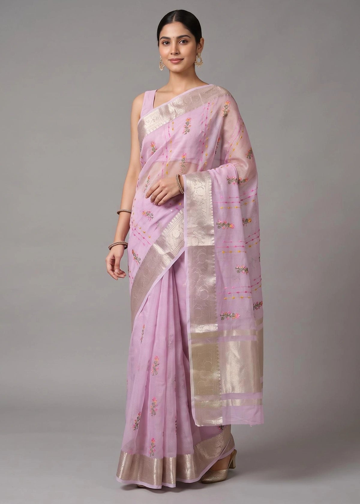 Lilac Purple Munga Kota Embroidered Saree