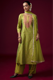 Women Lime Green Embroidered A-Line Ethnic Suit Set