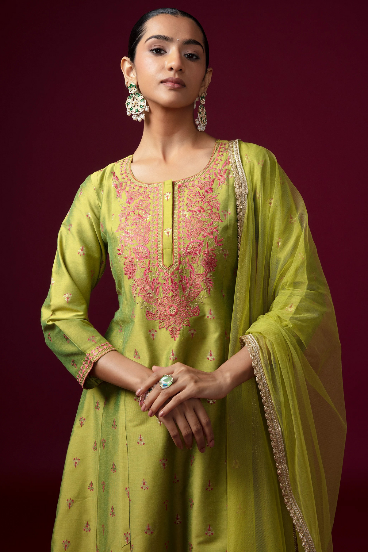 Women Lime Green Embroidered A-Line Ethnic Suit Set