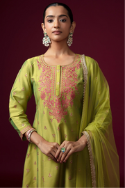 Women Lime Green Embroidered A-Line Ethnic Suit Set
