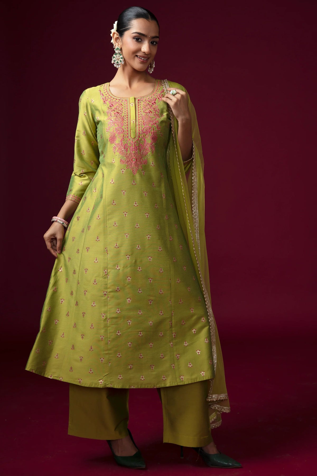 Women Lime Green Embroidered A-Line Ethnic Suit Set
