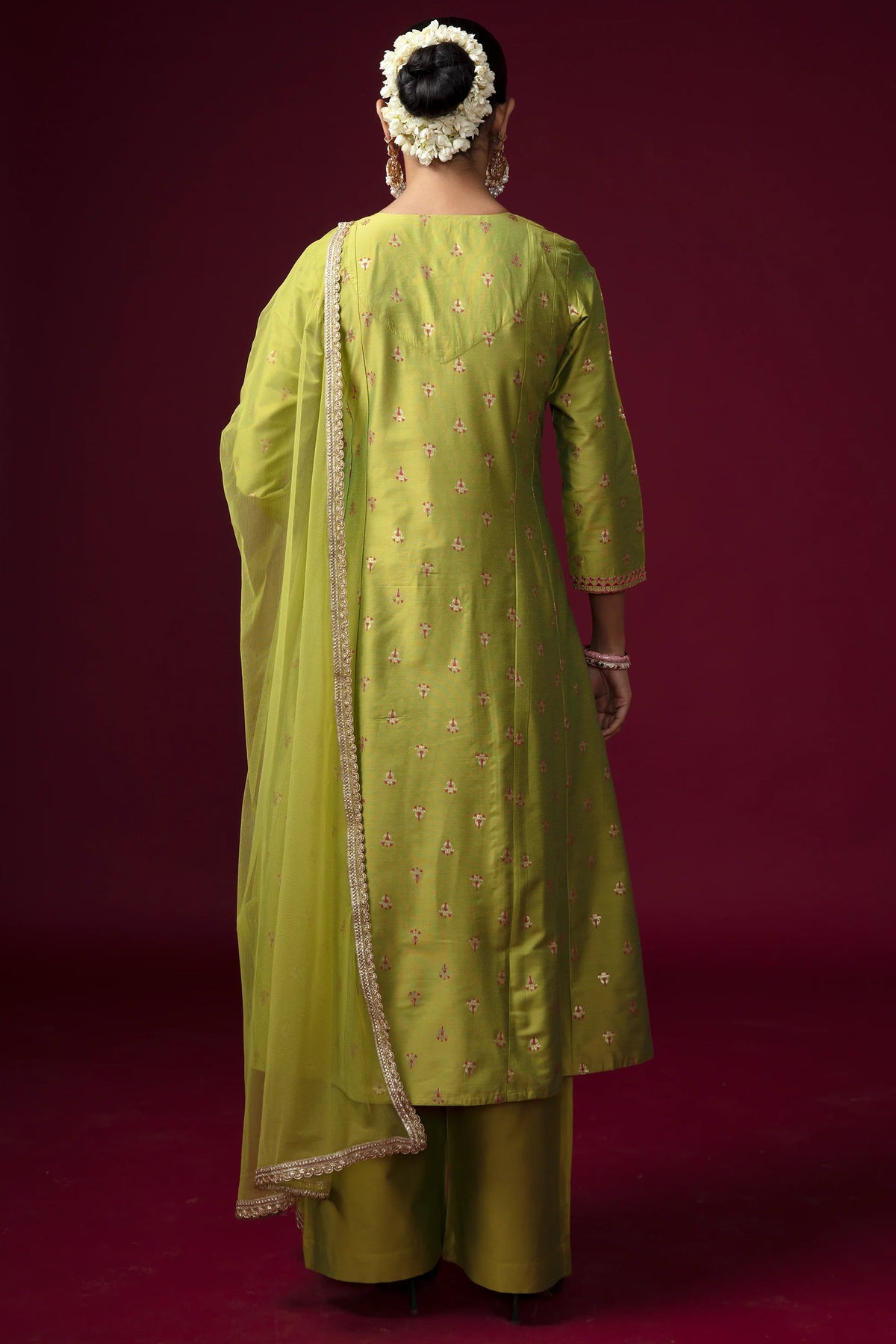 Women Lime Green Embroidered A-Line Ethnic Suit Set