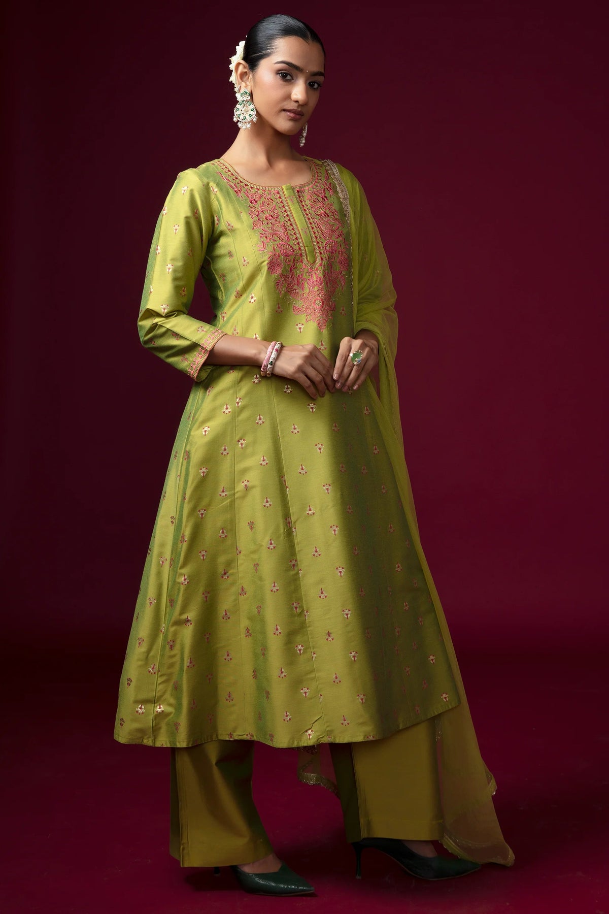 Women Lime Green Embroidered A-Line Ethnic Suit Set
