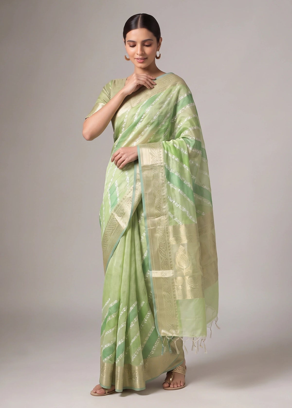 Lime Green Zari Woven Striped Saree