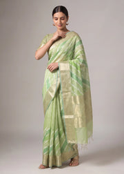 Lime Green Zari Woven Striped Saree