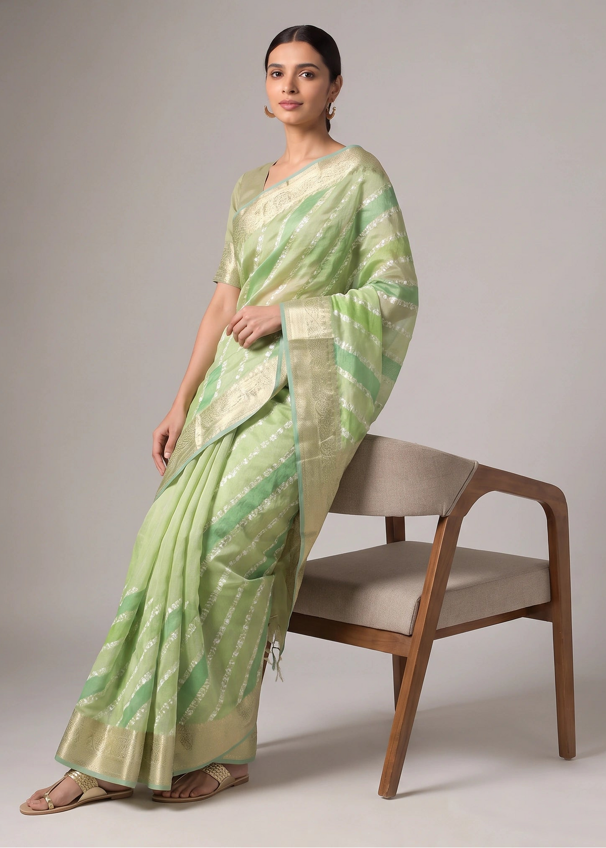 Lime Green Zari Woven Striped Saree