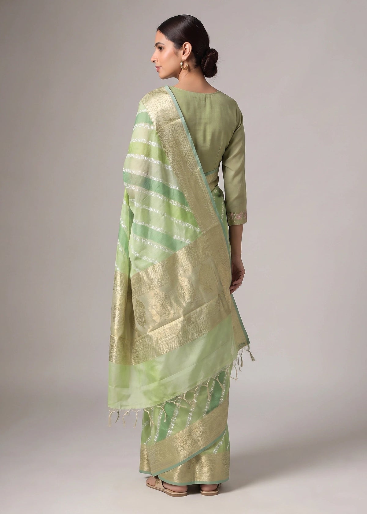 Lime Green Zari Woven Striped Saree