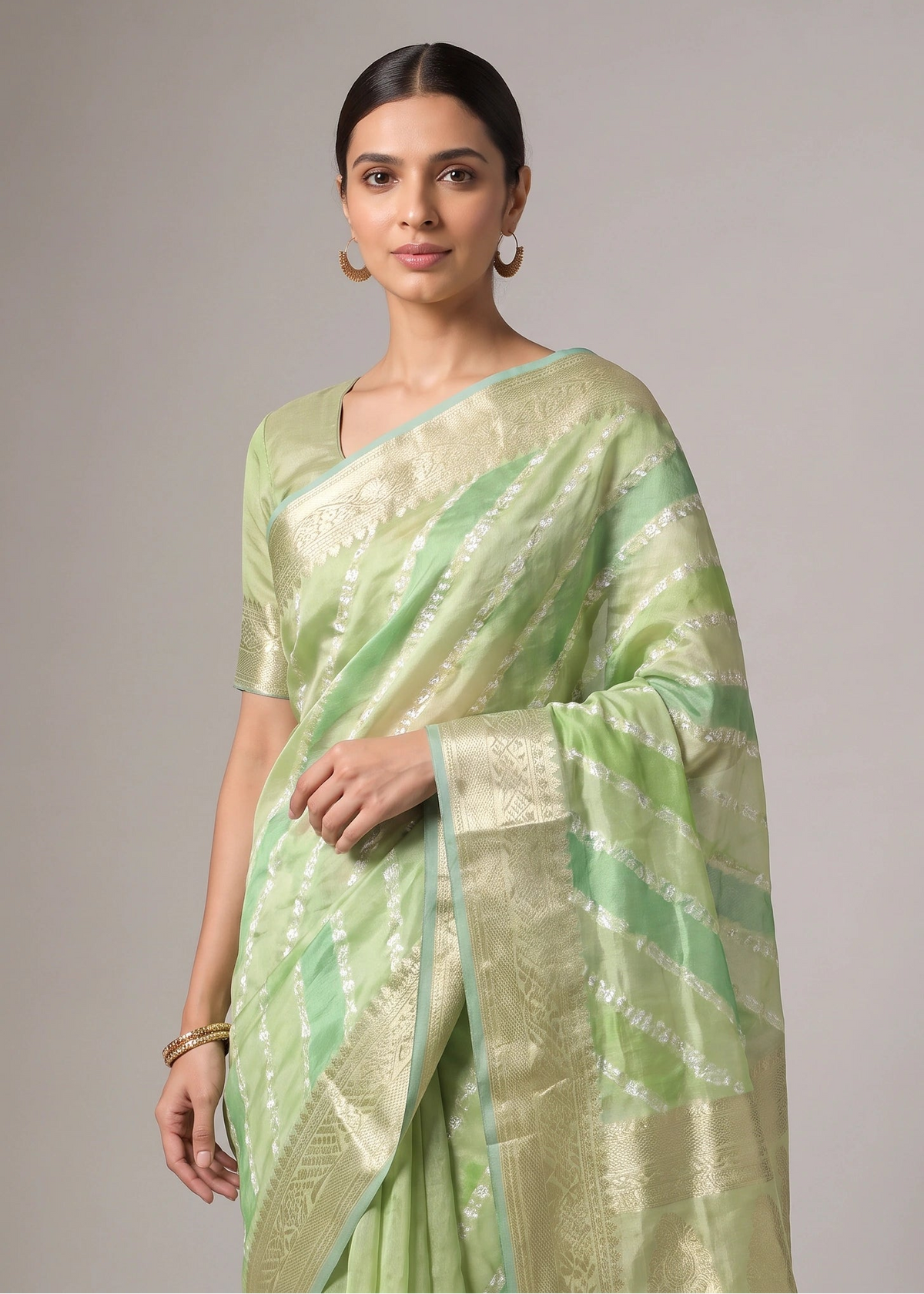 Lime Green Zari Woven Striped Saree