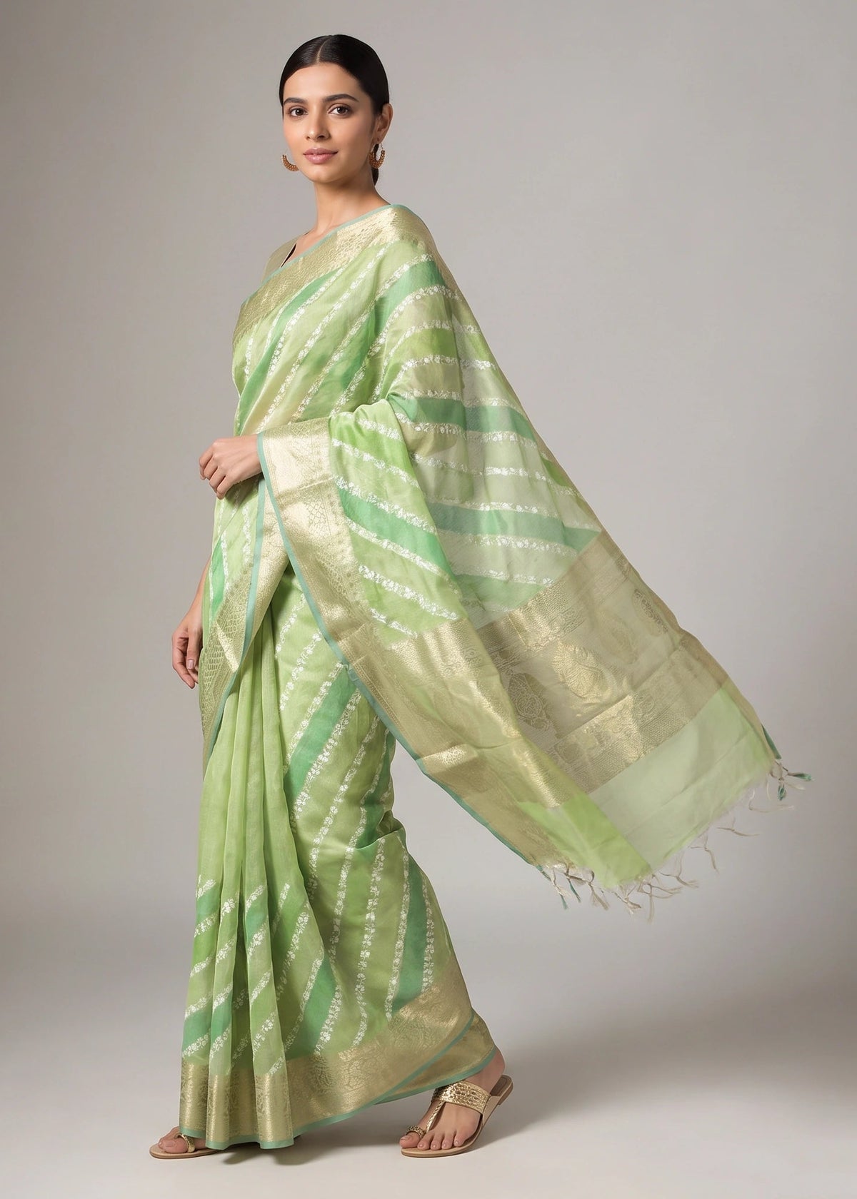 Lime Green Zari Woven Striped Saree
