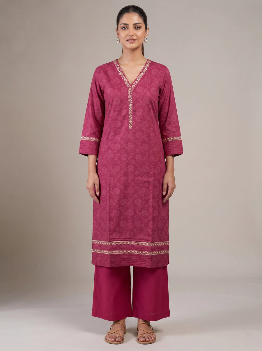 Magenta Cambric Cotton Embroidered Straight Kurta