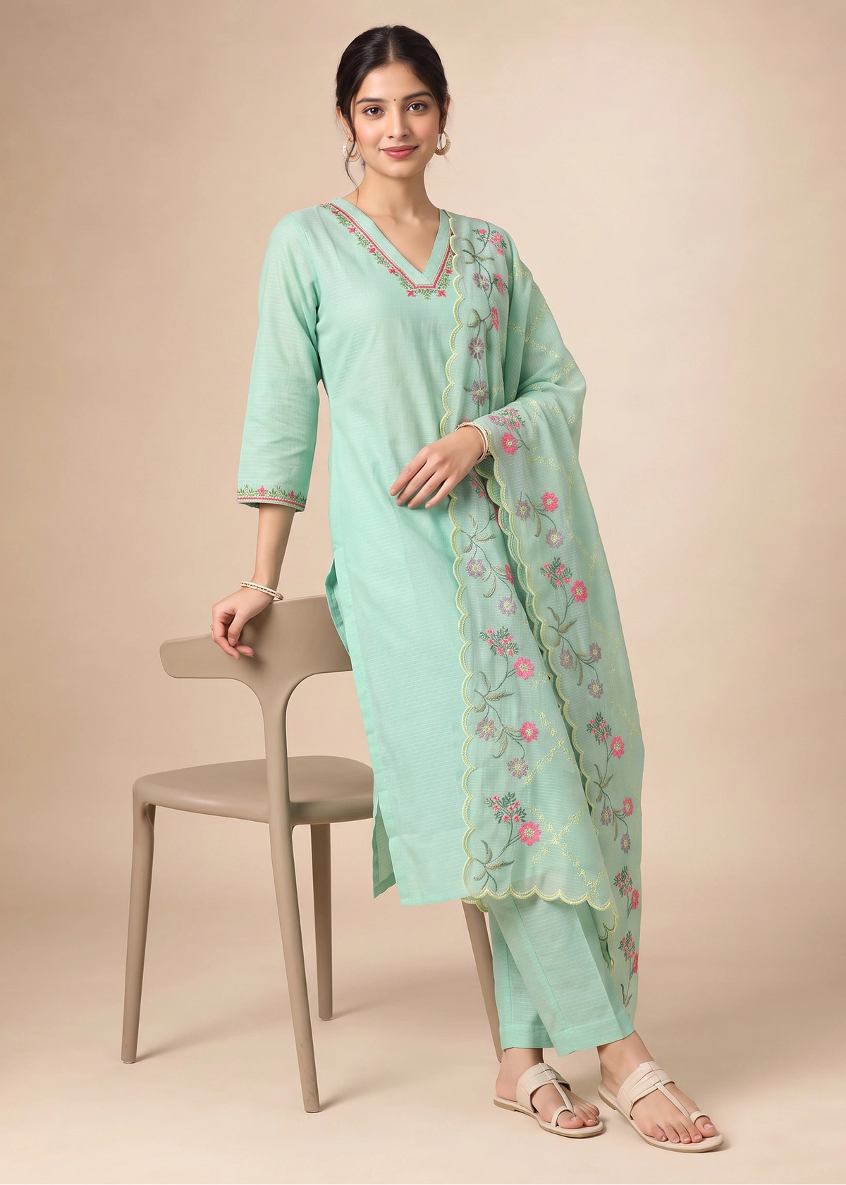 A woman models a mint green Indian ethnic suit set consisting of a kurta, trousers, and a dupatta with pink floral embroidery, standing next to a modern beige chair against a solid beige background.