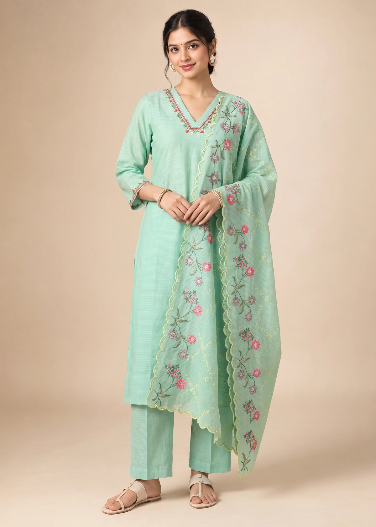 A woman modeling a mint green traditional Indian salwar kameez suit with matching pants and a sheer floral embroidered dupatta, set against a solid beige studio background.