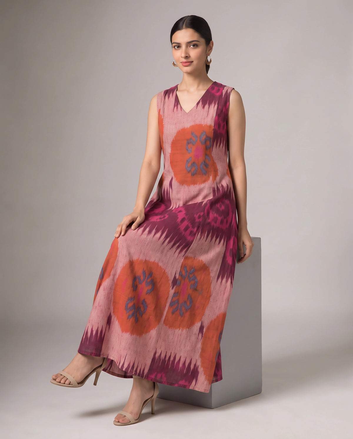 A woman models a sleeveless V-neck maxi dress with a pink, orange, and purple ikat pattern, sitting on a gray block against a neutral studio background.