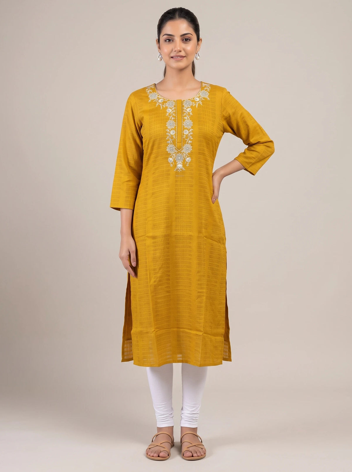 A woman modeling a mustard yellow kurta with white floral embroidery around the neckline, paired with white leggings and brown sandals, against a solid beige studio background.