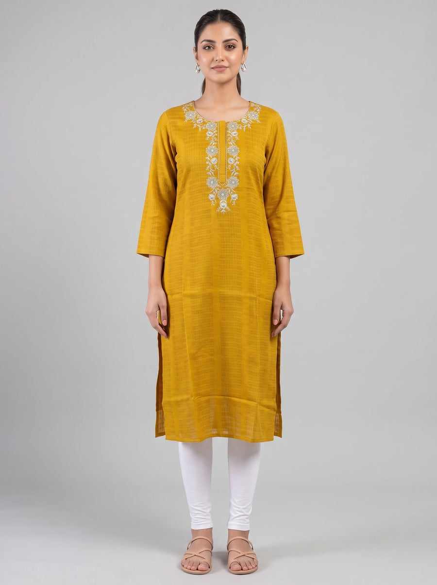 Mustard Cotton Embroidered Straight Kurta