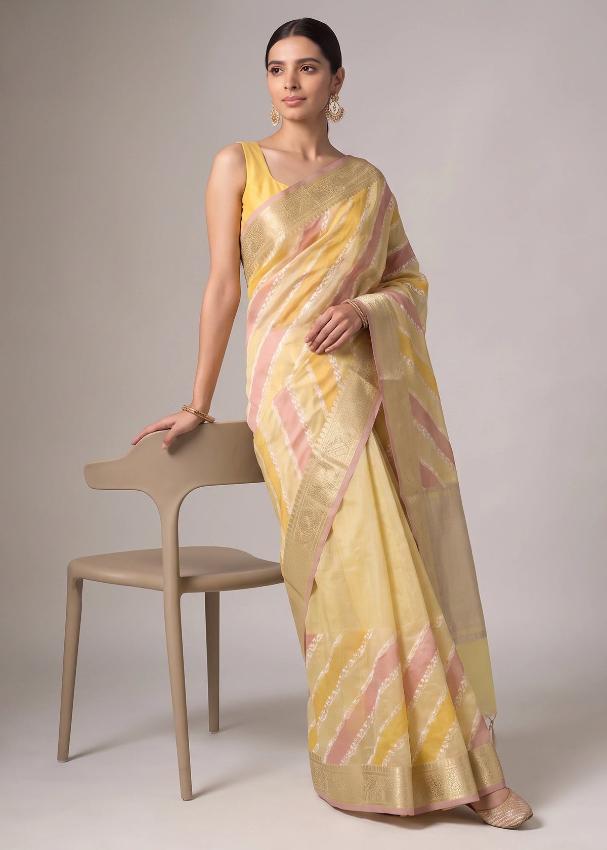 Mustard Yellow Zari Woven Striped Saree