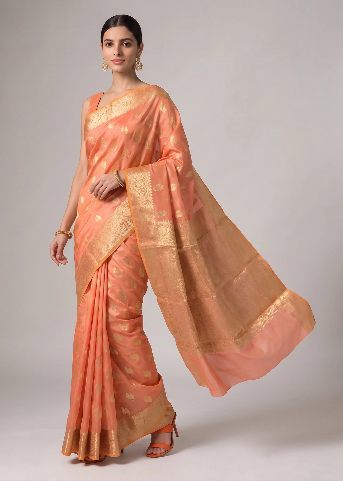 Muted Peach Silk Zari Woven Saree