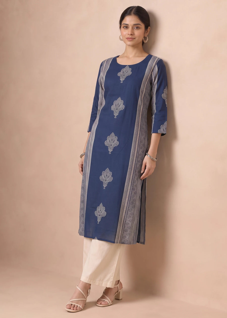 Navy Blue Traditional Floral Block Print Kurta