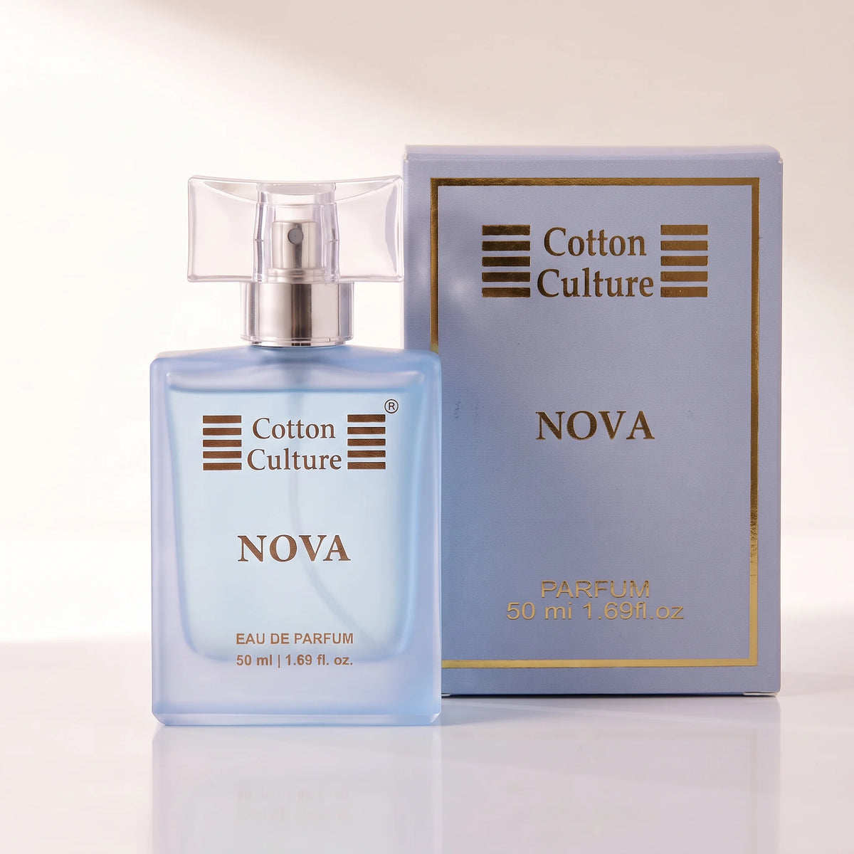 Cotton Culture Nova Eau de Parfum bottle in light blue with gold lettering and a gold spray mechanism, surrounded by its scent notes (lemon, apple, plum, star anise, moss, amber) on a white background with 'SCENT SCRIPT' branding.
