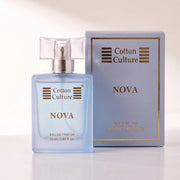 Cotton Culture Nova Eau de Parfum bottle in light blue with gold lettering and a gold spray mechanism, surrounded by its scent notes (lemon, apple, plum, star anise, moss, amber) on a white background with 'SCENT SCRIPT' branding.