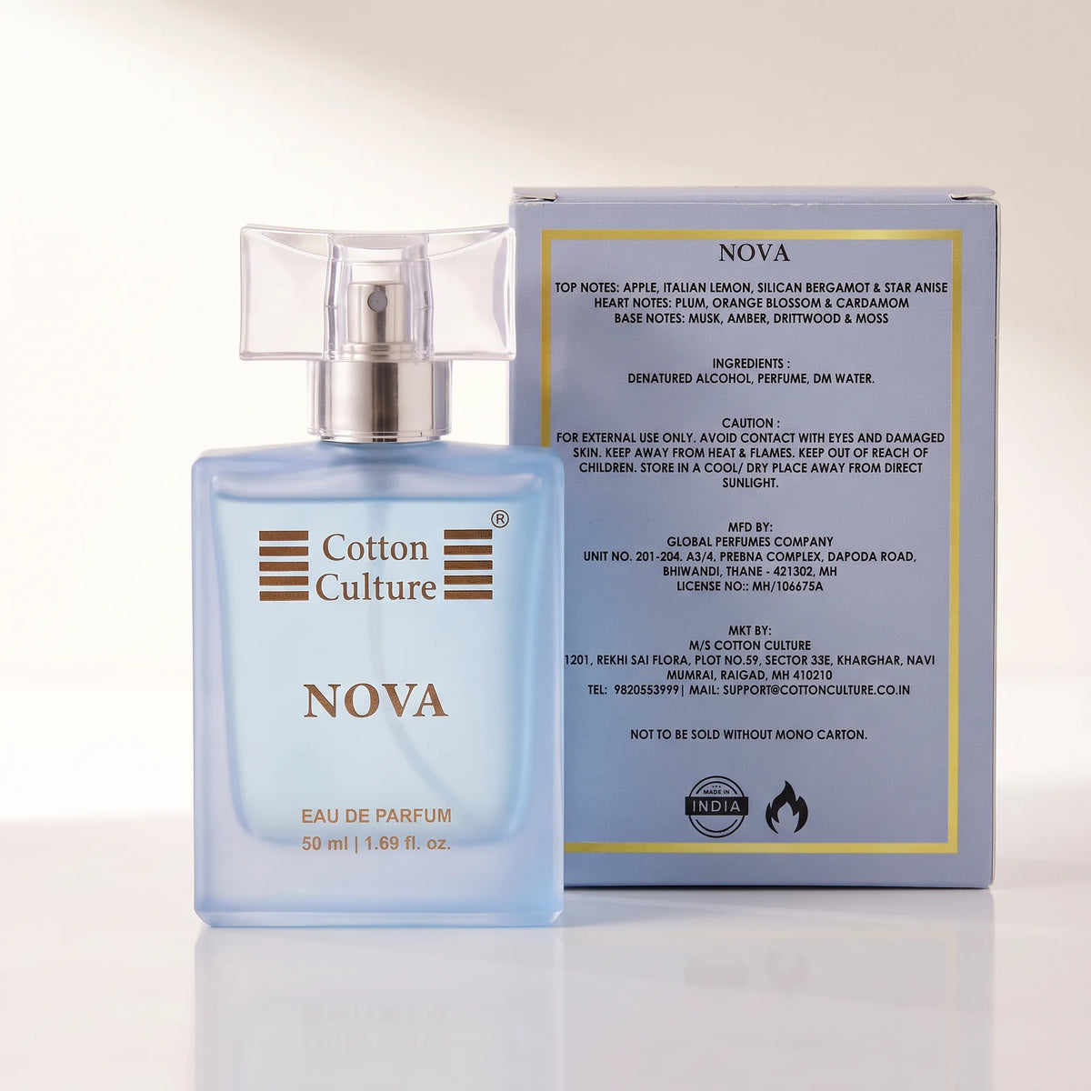 A perfume bottle labeled Cotton Culture NOVA with a light blue body and gold lettering, shown on a white background with the text 'SCENT PROFILE' and 'FRUITY | CITrus | SPICY | WOODY'.