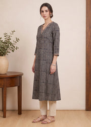 Off White & Black Printed A-Line Kurta