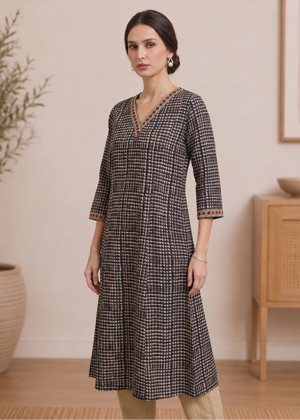 Off White & Black Printed A-Line Kurta