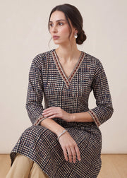 Off White & Black Printed A-Line Kurta