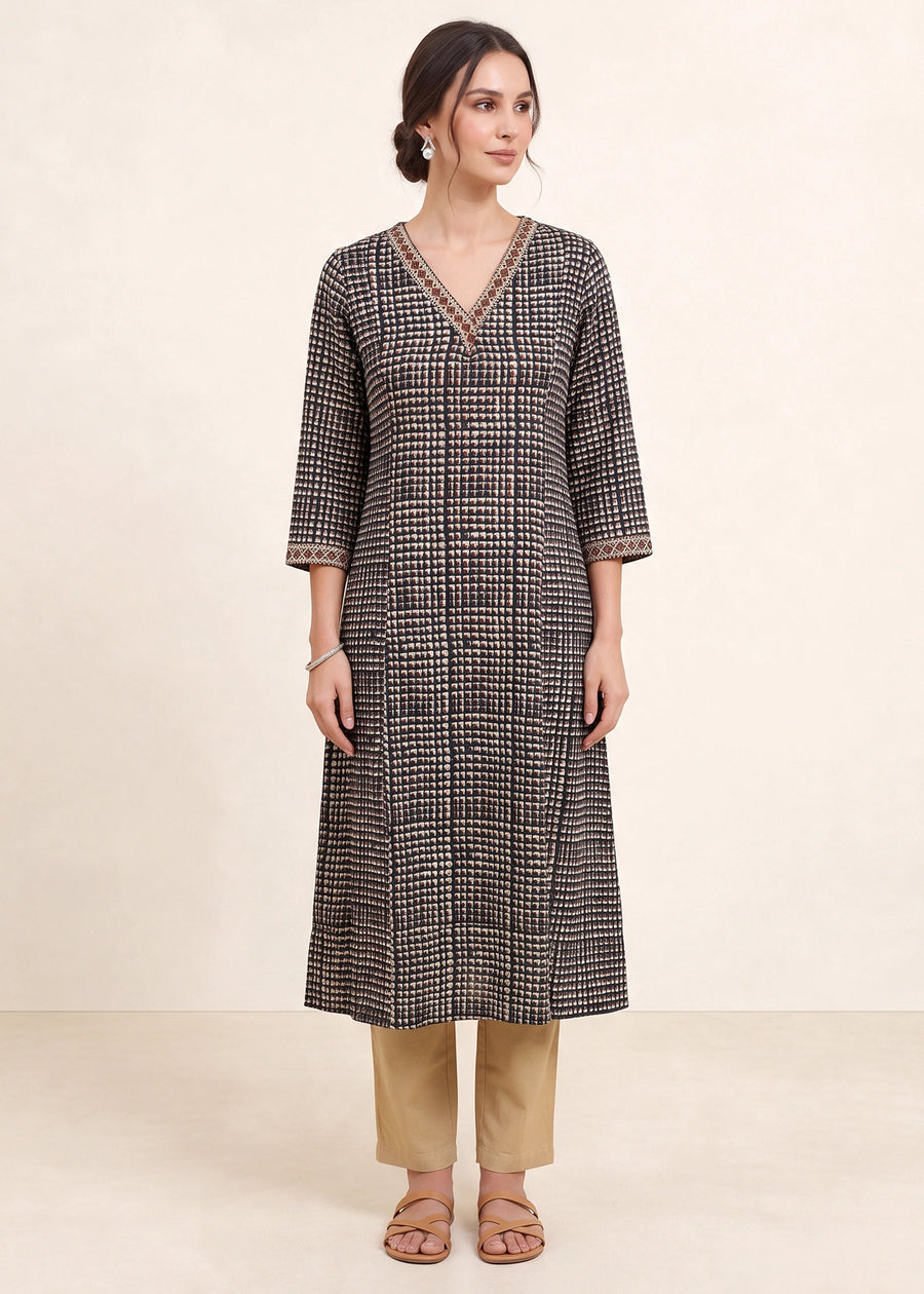 Off White & Black Printed A-Line Kurta