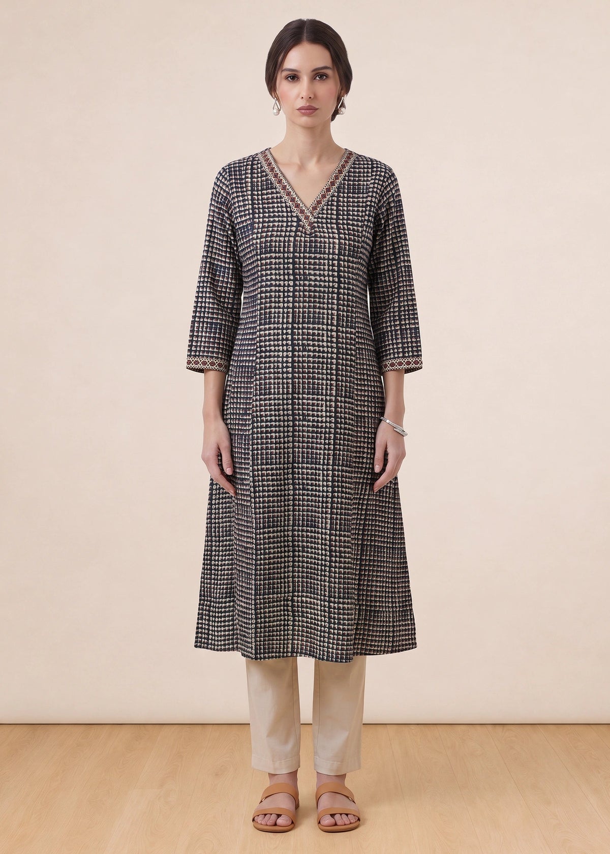 Off White & Black Printed A-Line Kurta