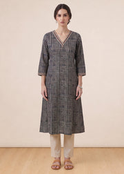 Off White & Black Printed A-Line Kurta
