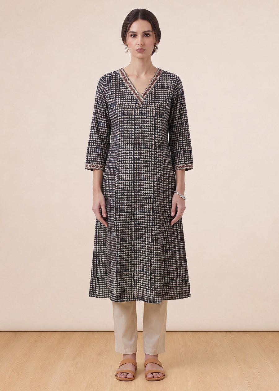 Off White & Black Printed A-Line Kurta