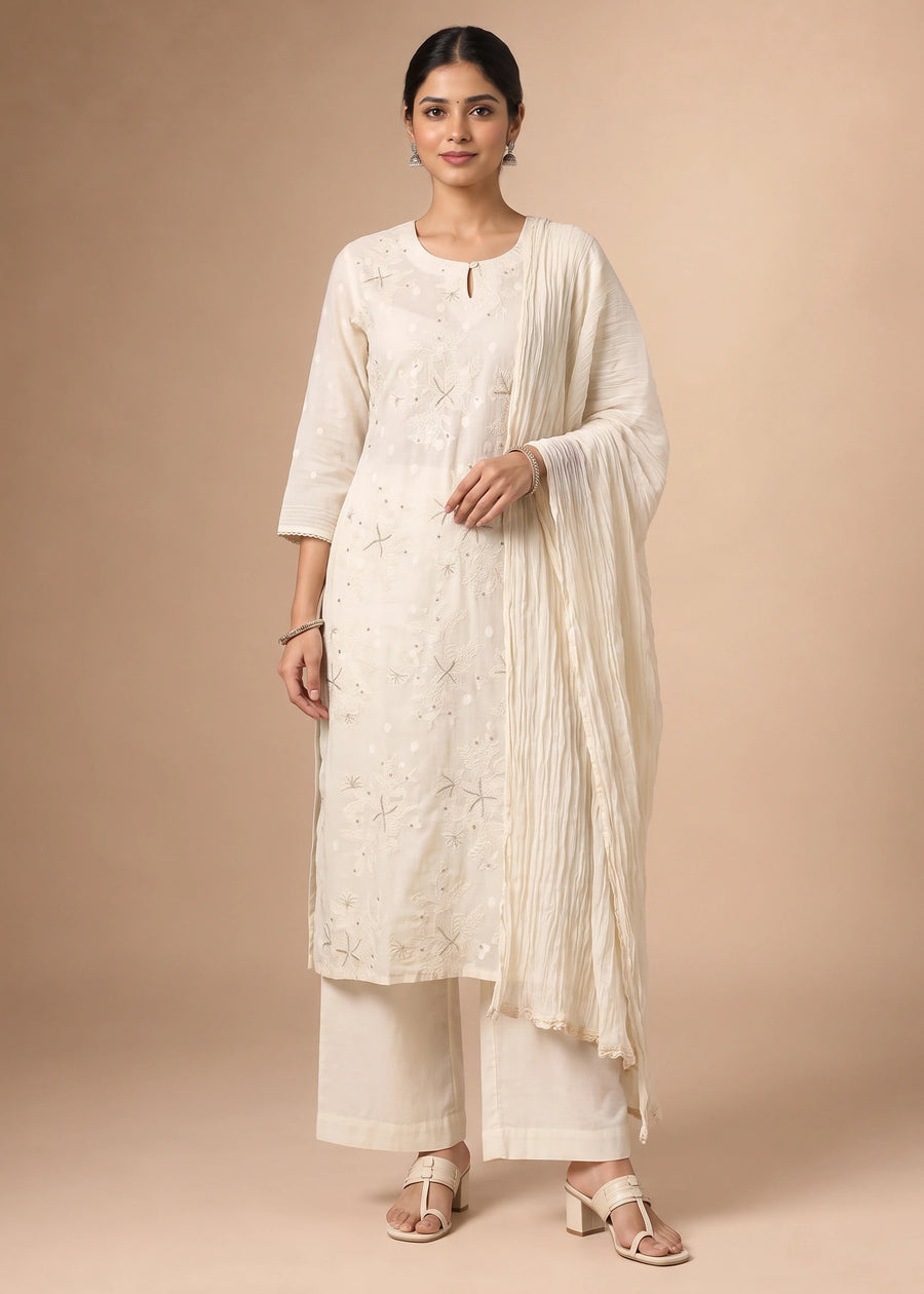 Off White Chanderi Embroidered Straight Ethnic Suit Set