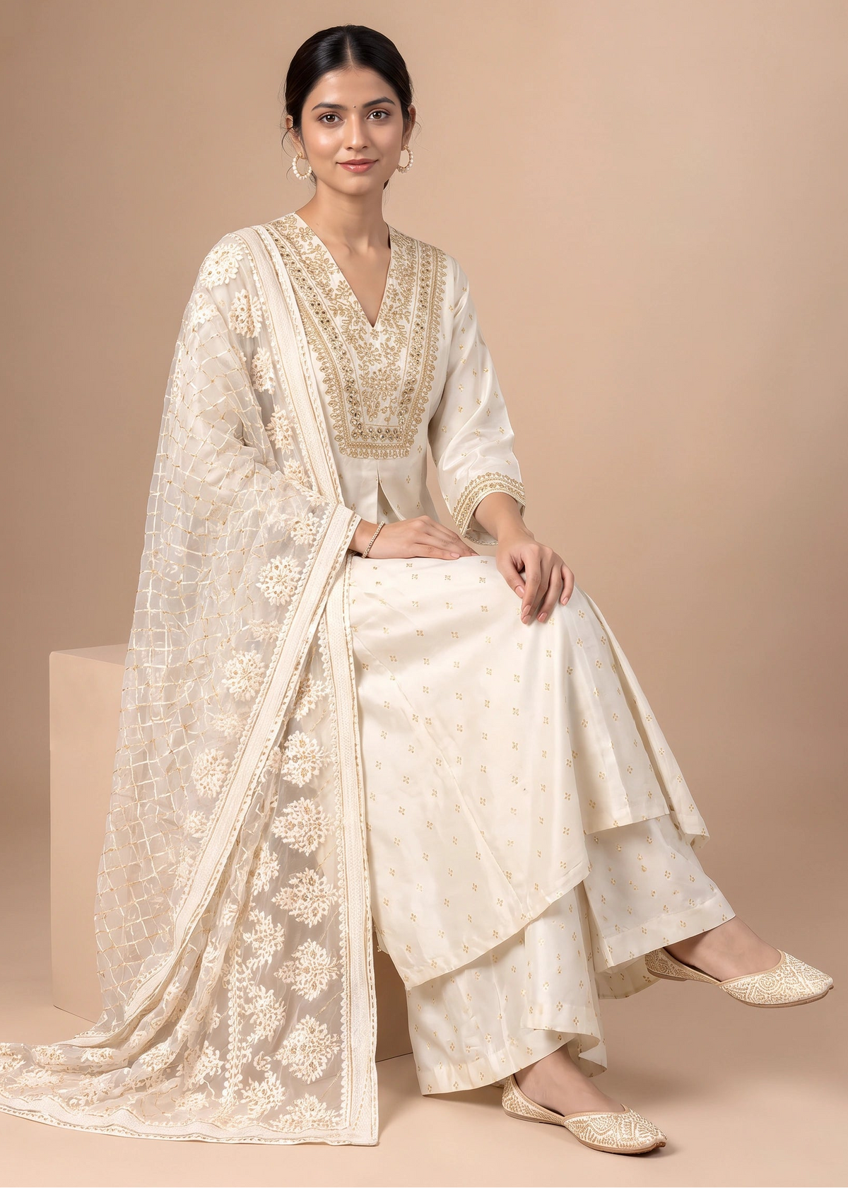 A woman seated on a beige pedestal wearing an ivory traditional outfit with gold embroidery and a matching sheer embroidered dupatta, against a warm beige studio background.