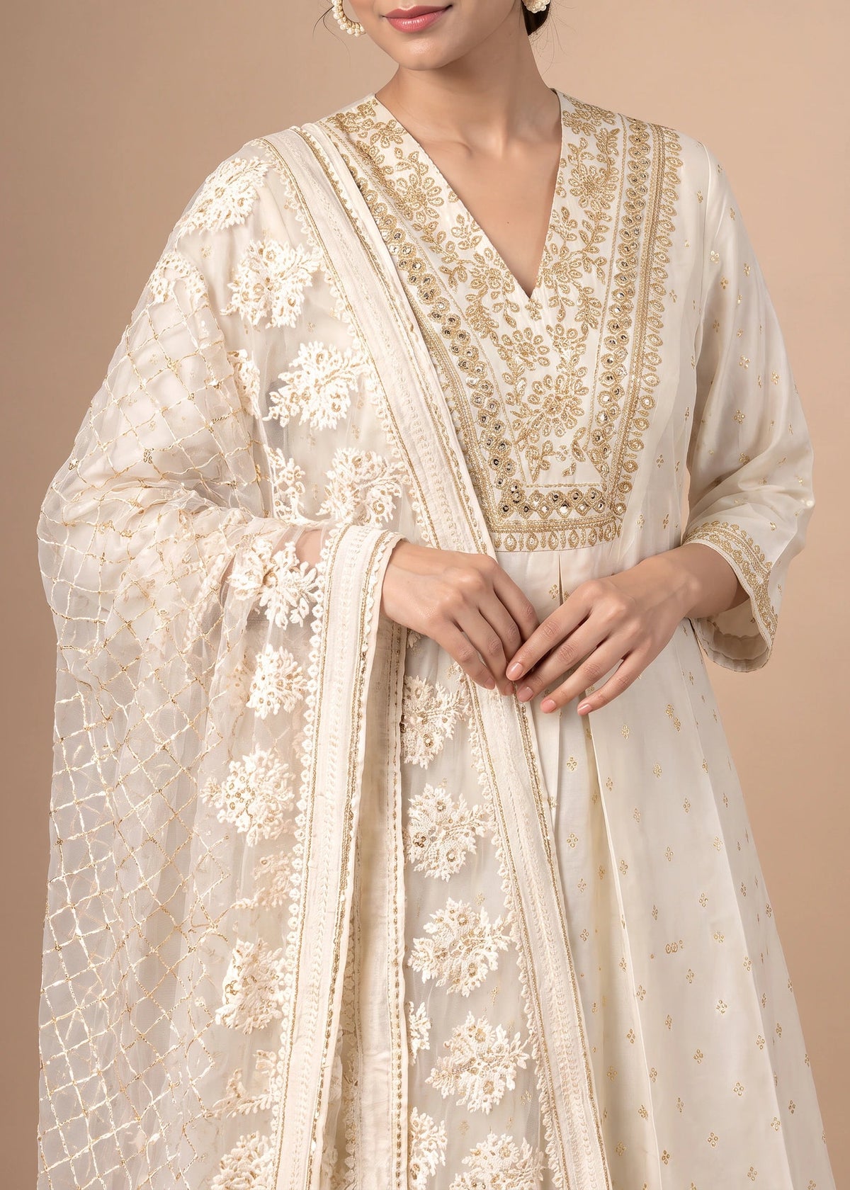 Off White Embroidered A-Line Ethnic Suit Set