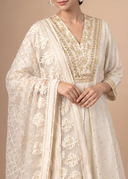 Off White Embroidered A-Line Ethnic Suit Set