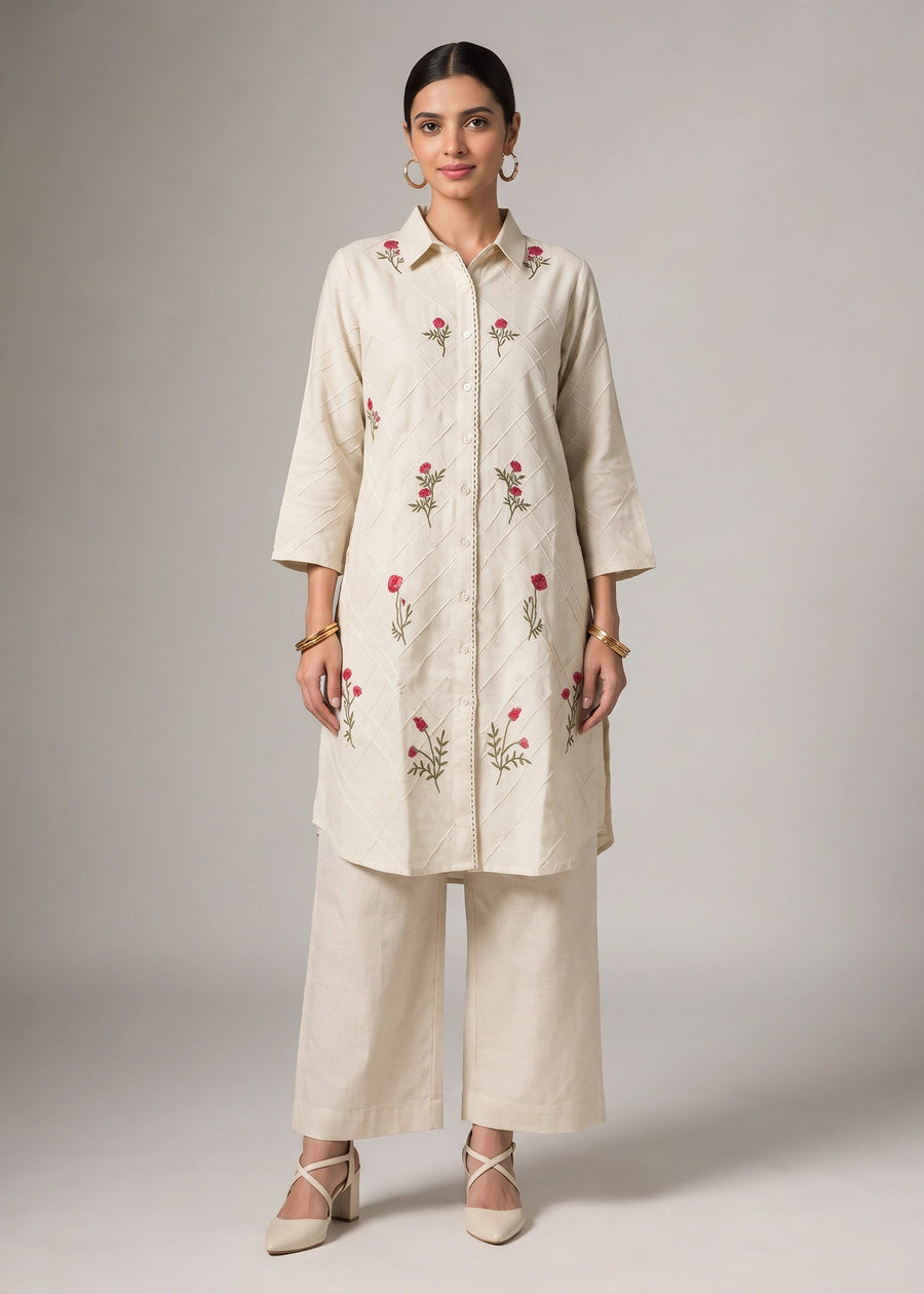 Off White Embroidered Straight Co-ord Set