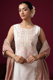 Women Off White Embroidered Straight Fit Ethnic Suit Set