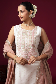 Women Off White Embroidered Straight Fit Ethnic Suit Set
